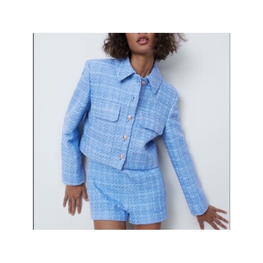 Zara Light Blue Tweed Cropped Blazer